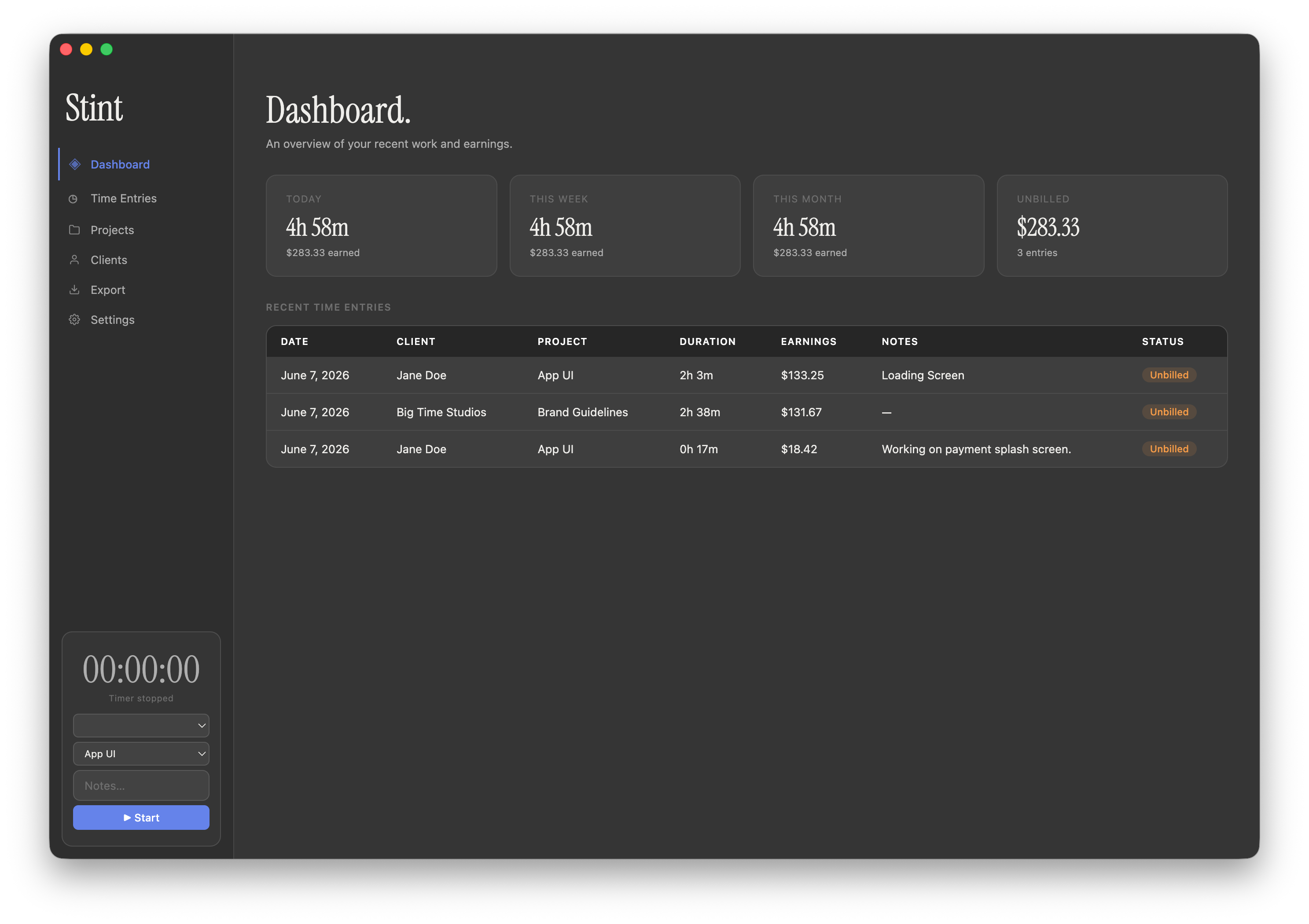Stint dashboard showing recent time entries and earnings