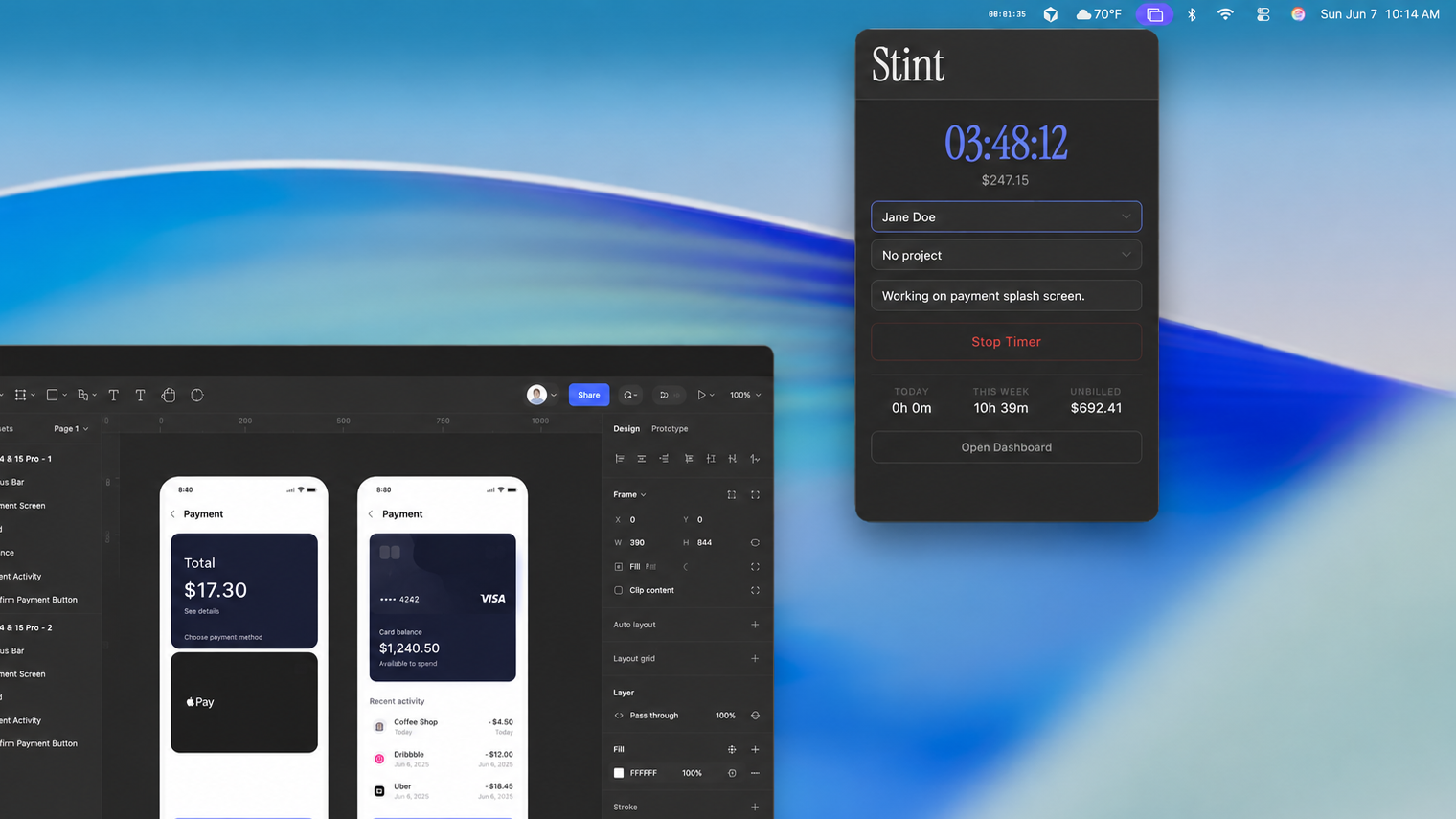 Stint menubar popup active on a Mac desktop alongside a design tool