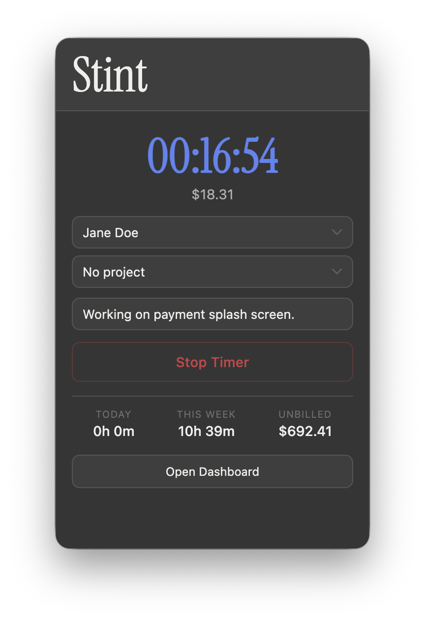 Stint menubar popup showing an active timer with earnings