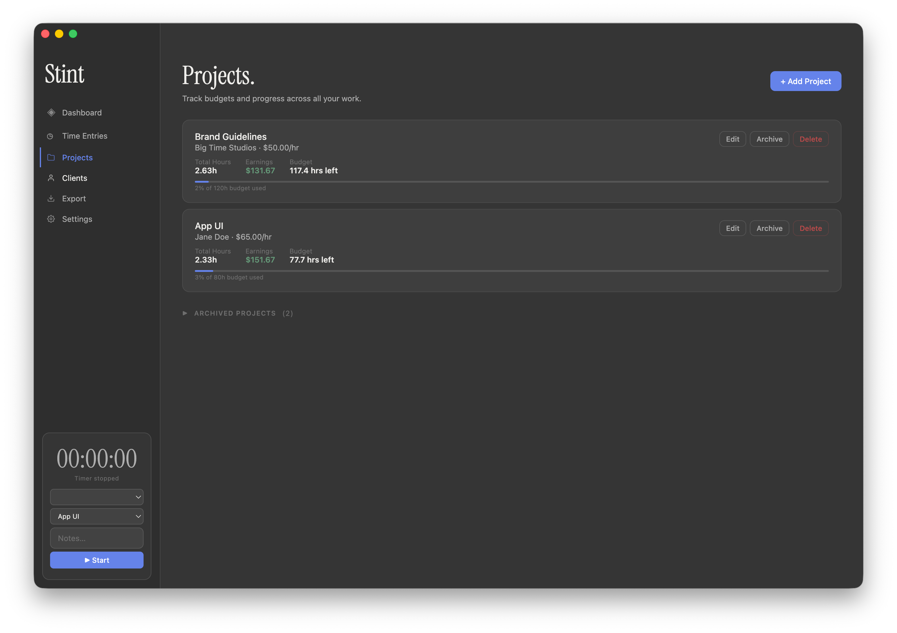 Stint projects view with budget and hours tracking